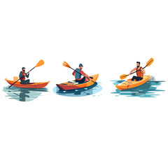 Set of people enjoy active water sports canoe