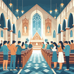 peoples praying in church and raise hand flat vector - obrazy, fototapety, plakaty