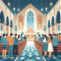 Foto op Plexiglas peoples praying in church and raise hand flat vector © feni