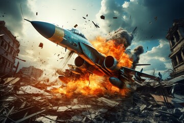 Dramatic scene of a military fighter jet plummeting from the sky in flames and debris