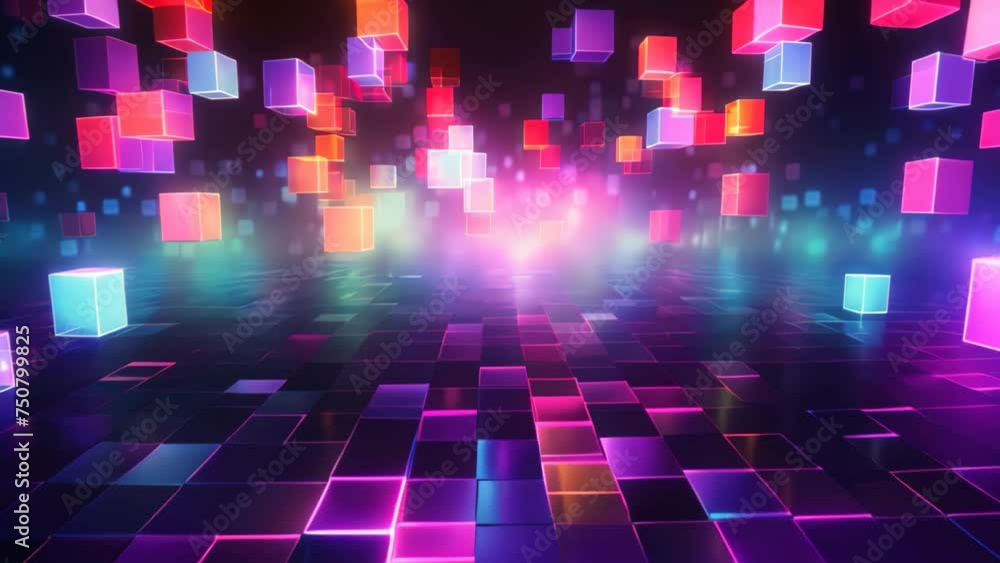 Poster abstract background with glowing cubes in blue and red colors. 3d rendering, abstract background wit