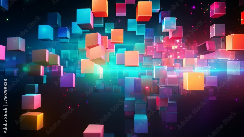 Poster abstract background with glowing cubes. abstract background with colorful lights and squares, ai gen