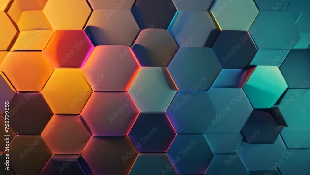 Poster 3d rendering of abstract background with hexagons in blue and orange, abstract background with hexag