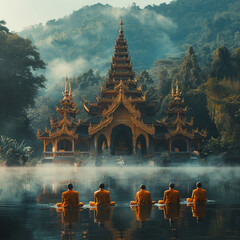 A serene temple surrounded by early morning mist signifying the reflective midpoint of Buddhist Lent with monks in meditation