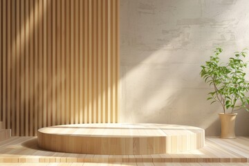 white wood Podium stand studio room luxury gold color background 3d pedestal platform background....