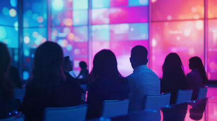 A group of business professionals gathered in a modern conference room, intently watching a dynamic presentation on a large screen, Leadership, Conference Event, blurred background