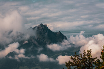 Panoramic view of the mountains at Lake Lucerne in Switzerland.