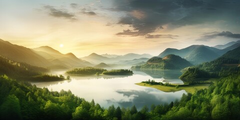Beautiful landscape of green mountains and lake in the morning with sunrise sky. Nature landscape. Watershed forest. Water and forest sustainability concept. - obrazy, fototapety, plakaty