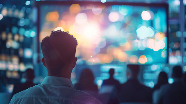 A group of business professionals gathered in a modern conference room, intently watching a dynamic presentation on a large screen, Leadership, Conference Event, blurred background