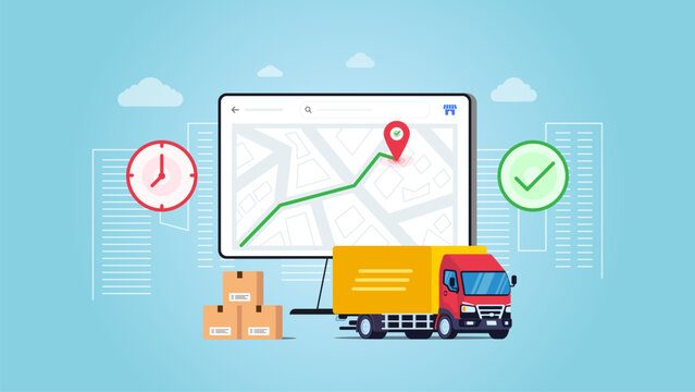 Order package in E commerce. Delivery package by truck. Tracking courier by map web application. Vector illustration with blue background