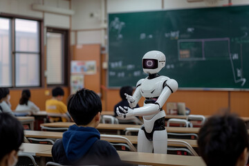 Teacher ai robot helps school children group girl and boy in class. Interactive ai online artificial intelligence learning future for kids. - obrazy, fototapety, plakaty