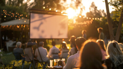 Business people at an outdoor retreat, participating in a workshop with a portable projector screen set against natural backdrops, Leadership, Conference Event, blurred background,