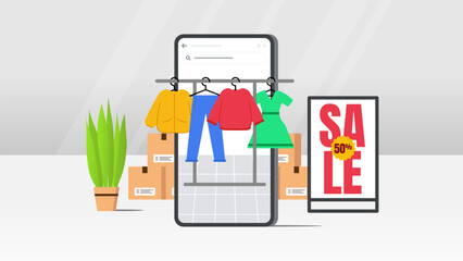 E Commerce sale vector illustration. E Commerce mobile app with clothes hanging and white gray background.