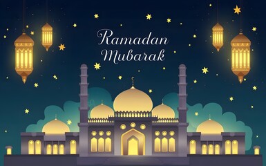Ramadan Mubarak Islamic Festival Eid Mubarak background, Mosque At Night Ramadan Illustration, Muslim Holiday Ramadan Celebration