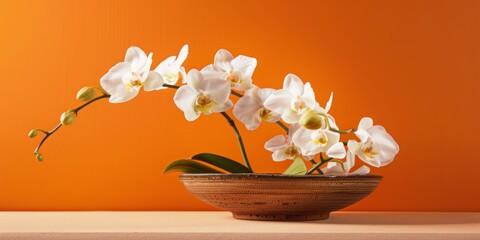 an orange background holds white orchids in a bowl on an upside down surface Generative AI