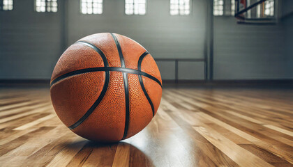 Basketball on hardwood Gym Floor close up with blurred gymnasium in background