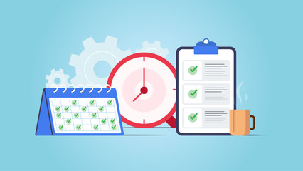 Time Scheduling vector illustration with calendar, clock and to do list element. Vector illustration with setting icon and blue background.