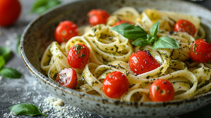 spaghetti dish with cherry tomatoes and pesto sauce
