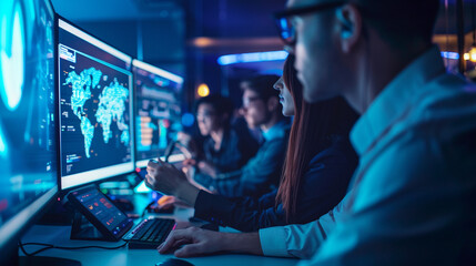 A group of business analysts in a data center, observing real-time analytics and network performance on multiple monitors, Leadership, Conference Event, blurred background, with co