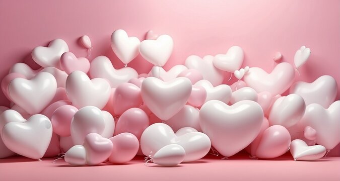 Illustrate an ultra-realistic image of white heart-shaped balloons arranged in a playful pattern against a soft pink background. Pay attention to the 3D effect of the balloons-AI Generative 