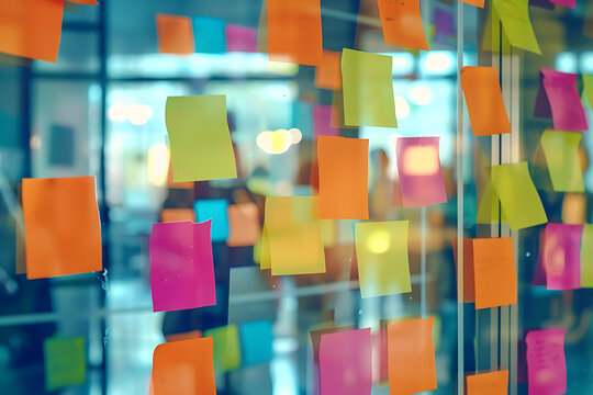 colored posits on office glass, meeting concept, work team