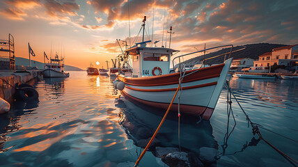 fishing boat in port at sunset - obrazy, fototapety, plakaty