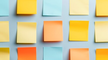 A lot of aesthetic pastel coloured sticky note  reminders on white background. Sun rays and shadows. Minimalist concept, brainstorm, horizontal wallpaper, 