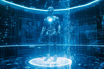 A robot is standing in a room with a blue background. The robot is surrounded by wires and circuits, giving the impression of a futuristic setting. Scene is one of technology and innovation. 