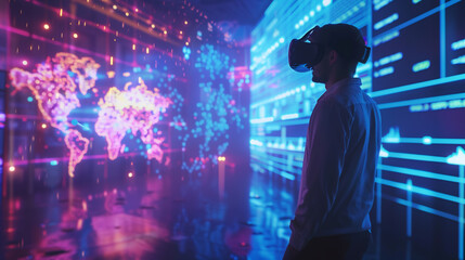 A man in a shirt and VR headset stands immersed in an interactive, virtual reality representation of global data connections and networks