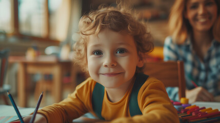 a little child practicing drawing with mom