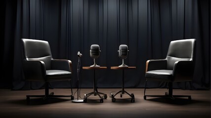 A broad banner for media discussions or podcast streaming designs including two chairs and microphones in an interview or podcast room isolated on a dark background