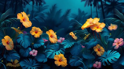 Fototapeta na wymiar Dark blue background with tropical yellow and pink flowers