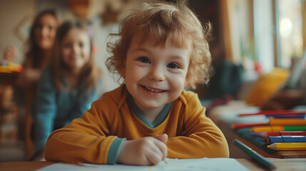 Portrait of happy child drawing with pencils