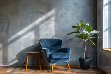 Grey wall, blue armchair and wood side table