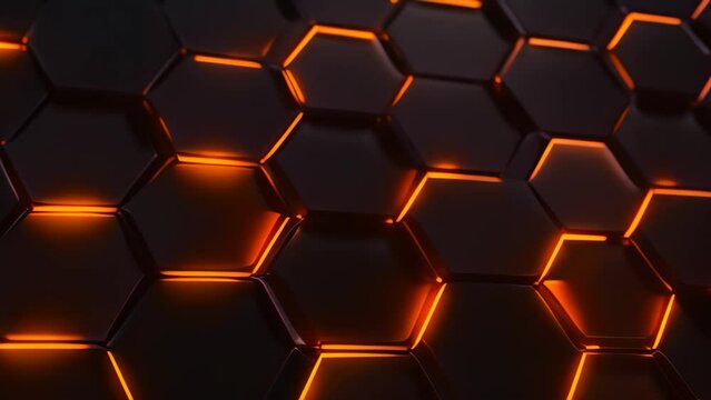 Abstract 3d rendering of hexagon background. Dark and orange hexagons. Abstract hexagonal geometric ultra wide background. Structure of lots of hexagons of carbon fiber , AI Generated