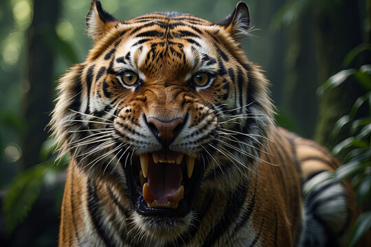 Extreme close-up of ferocious Tiger Aggression, created with Generative AI technology