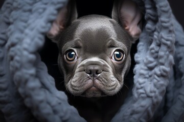 Cute french bulldog relaxing and snuggling in soft, warm blanket for maximum comfort and coziness