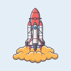 Vector cartoon rocket flying space rocket in space around the planets Spaceship launch.