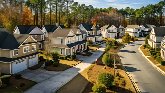 Aerial view of a row of homes in a suburban neighborhood in the fall, Aerial view of cul de sac at neighbourhood road dead end with built homes in South Carolina residential living area, AI Generated