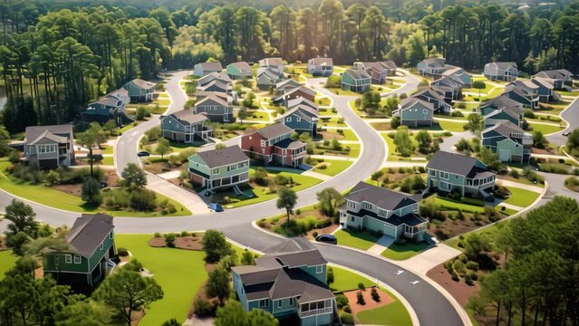 Aerial view of a suburban neighborhood in the United States of America. Aerial view of cul de sac at neighbourhood road dead end with built homes in South Carolina residential area, AI Generated