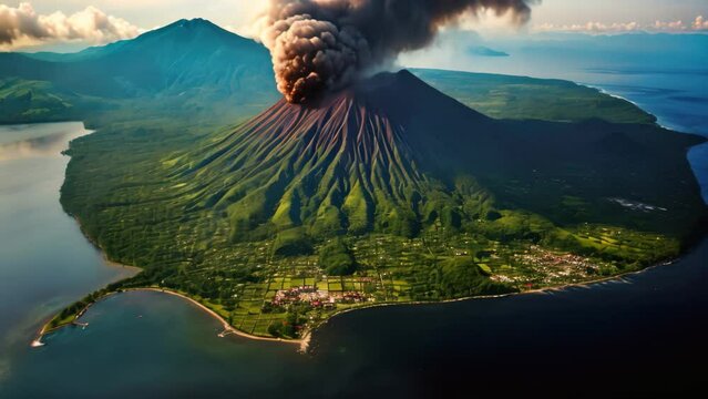 Aerial view of Mount Bromo Volcano, East Java, Indonesia, Aerial view of Gamalama Volcano on Ternate, Indonesia, AI Generated
