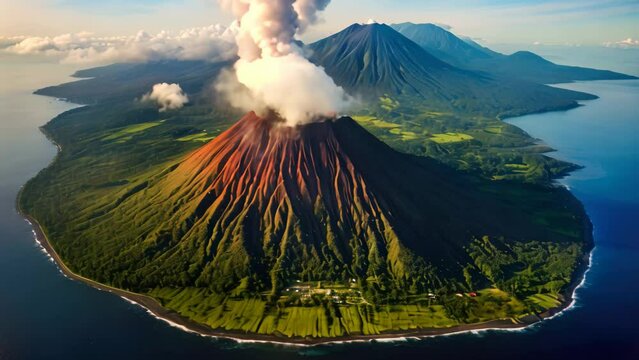 Aerial view of volcano Bromo in Bromo Tengger Semeru National Park, East Java, Indonesia, Aerial view of Gamalama Volcano on Ternate, Indonesia, AI Generated