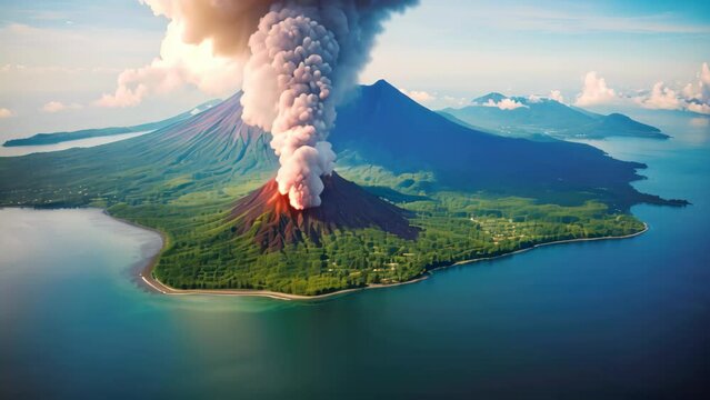 Aerial view of Mount Bromo volcano eruption, Java island, Indonesia, Aerial view of Gamalama Volcano on Ternate, Indonesia, AI Generated