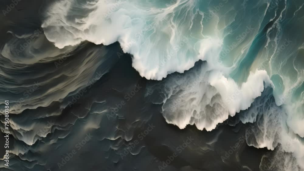 Wall mural aerial view of a stormy ocean. 3d rendering, aerial view of waves on black sand beach, ai generated