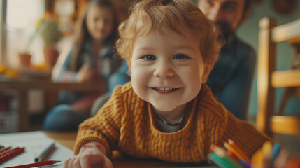 Portrait of child drawing with pencils