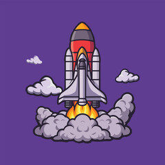 Vector cartoon rocket flying space rocket in space around the planets Spaceship launch.