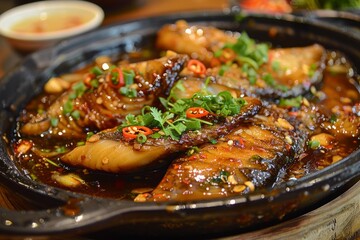 A sizzling plate of Vietnamese Caramelized Clay Pot Fish, presenting tender fish fillets simmered in a savory caramel sauce with garlic, ginger, and fish sauce - obrazy, fototapety, plakaty