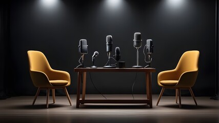 A broad banner for media discussions or podcast streaming designs including two chairs and microphones in an interview or podcast room isolated on a dark background
