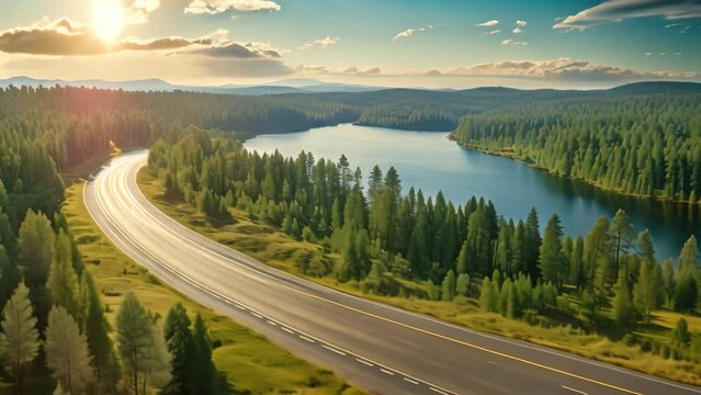 Aerial view of big rig semi truck with cargo trailer running on highway in beautiful summer landscape. semi truck with cargo trailer on road curve at lake shore with green pine forest, AI Generated