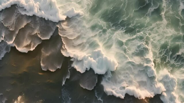 Aerial view of ocean waves breaking on the beach. Top view, Aerial view of waves on black sand beach, AI Generated
